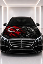 Grey Wolf & Turkish Flag Car Hood Cover — printed hood cover fitted on a black car