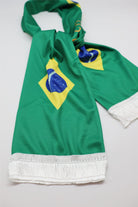 Brazil Flag Satin Soccer Scarf close-up of the satin-look fabric, print and white fringe
