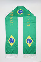 Brazil Flag Satin Soccer Scarf laid flat, full length with BRAZIL lettering and white fringes