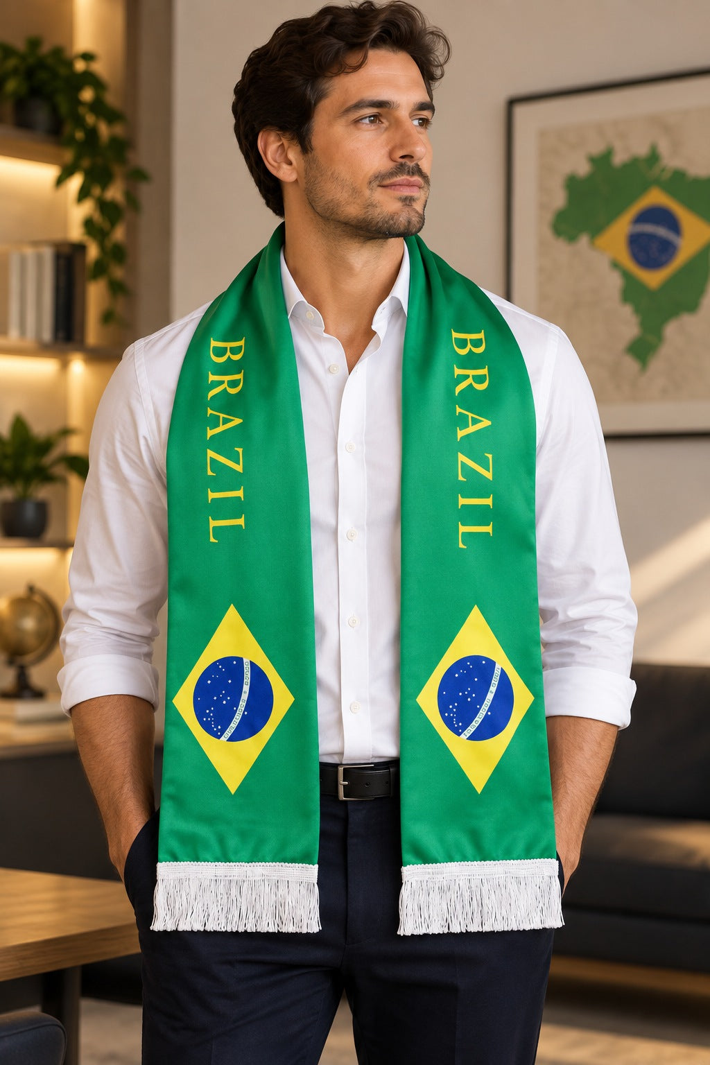 Brazil Flag Satin Soccer Scarf worn around the neck by a man in a white shirt