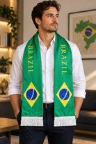 Brazil Flag Satin Soccer Scarf worn around the neck by a man in a white shirt