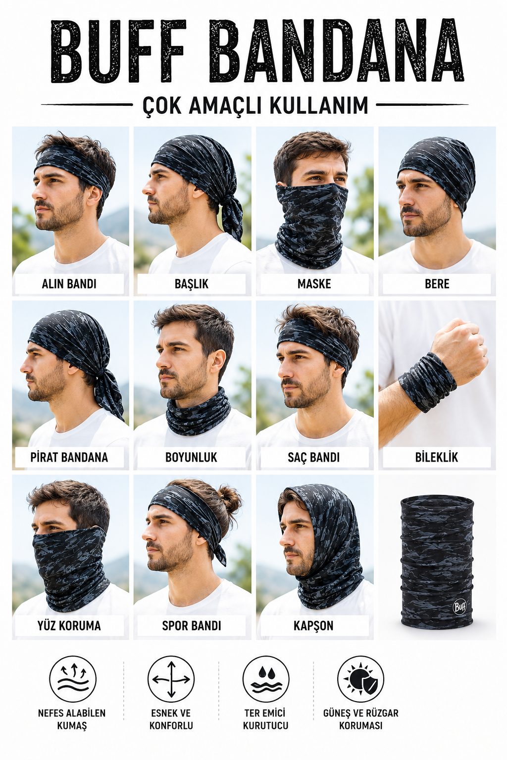 Ayyıldız Baskılı Buff 11 kullanım şekli: alın bandı, başlık, maske, bere, boyunluk, kapşon