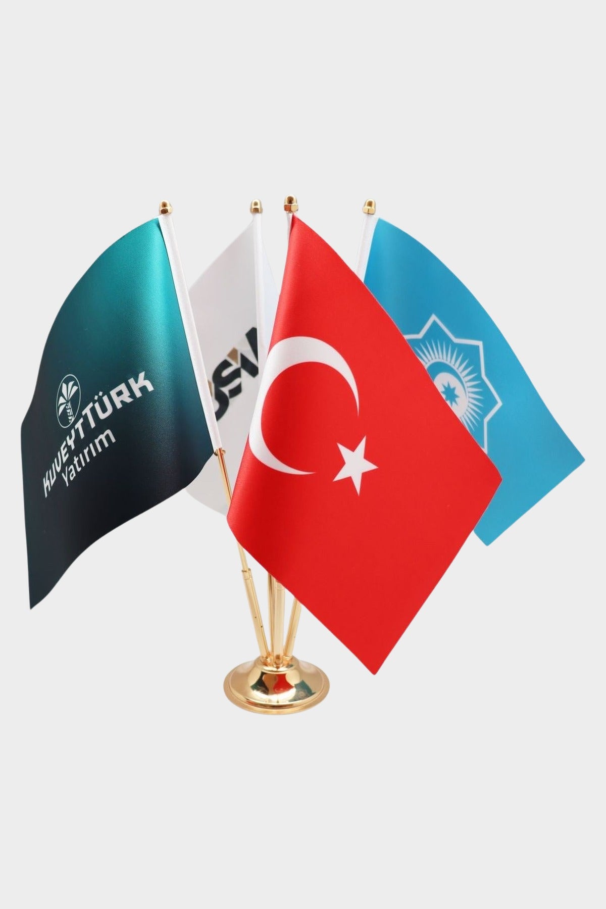 Logo Printed Quadruple Desk Flag with gold poles, 15 × 22.5 cm flags on a weighted base (1) all-groups