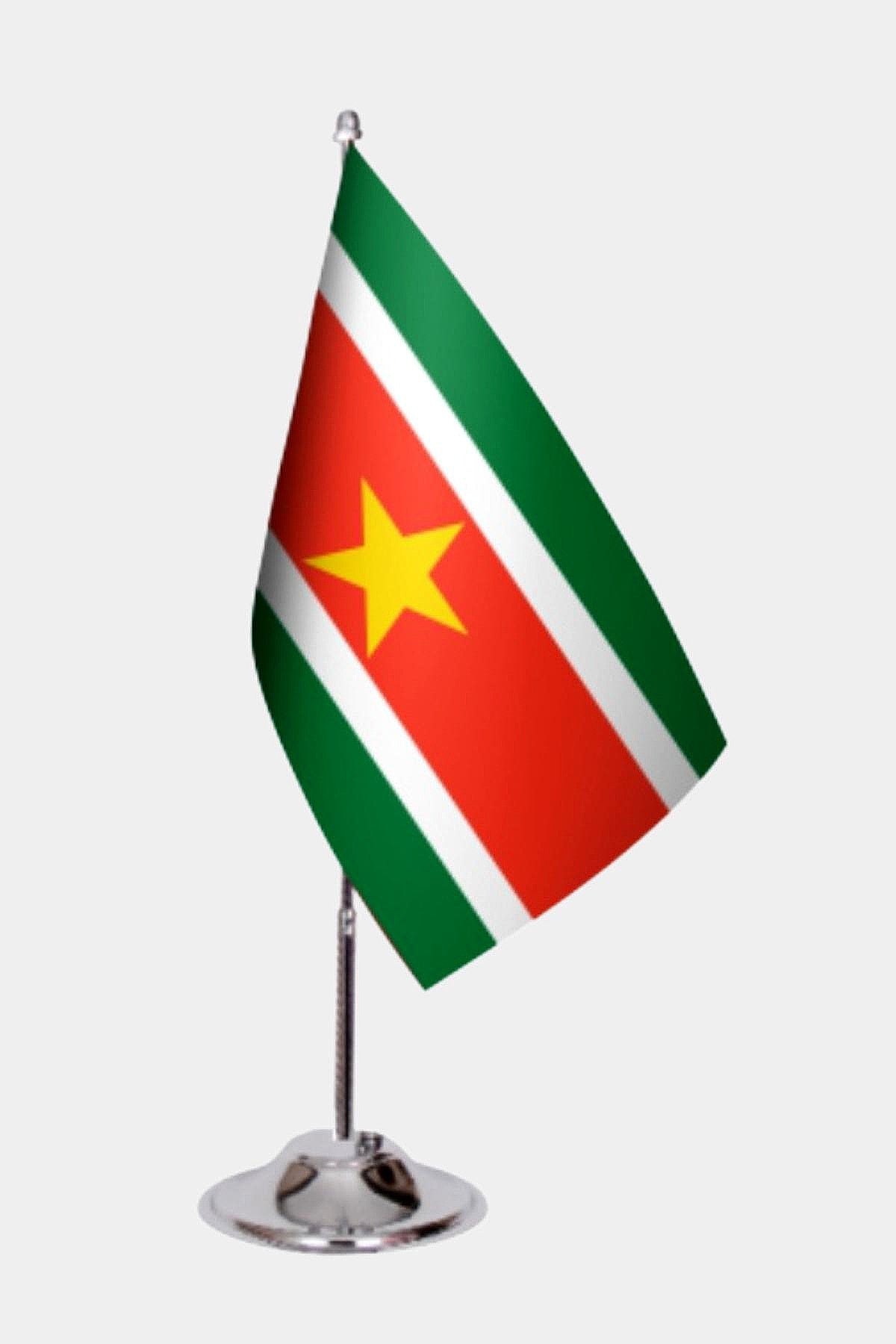 Suriname Desk Flag - Premium Double-Layer Satin with Chrome L-Shaped Stand | Professional Quality Country Desk Flag for Government Offices and Institutions