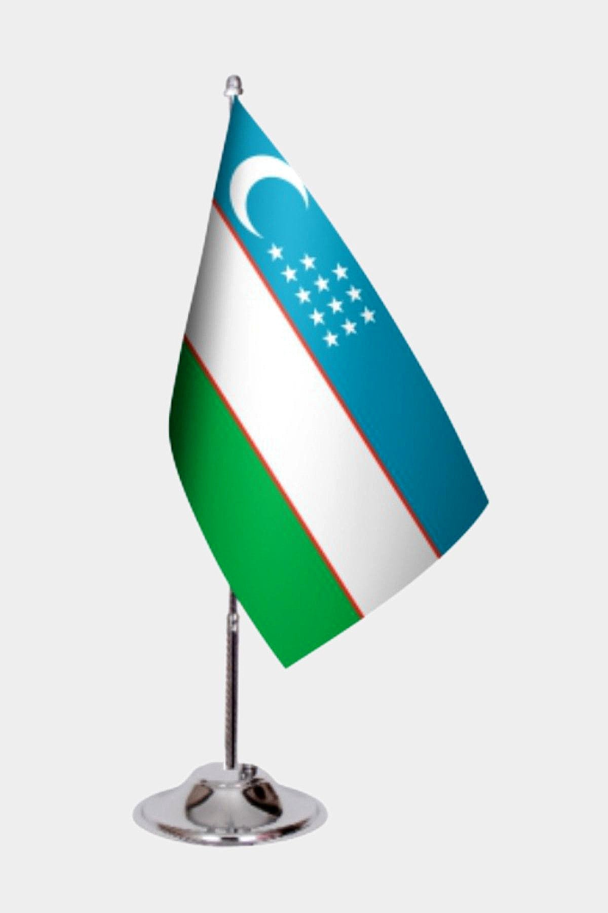 Uzbekistan Desk Flag - Premium Double-Layer Satin with Chrome L-Shaped Stand | Professional Quality Country Desk Flag for Government Offices and Institutions