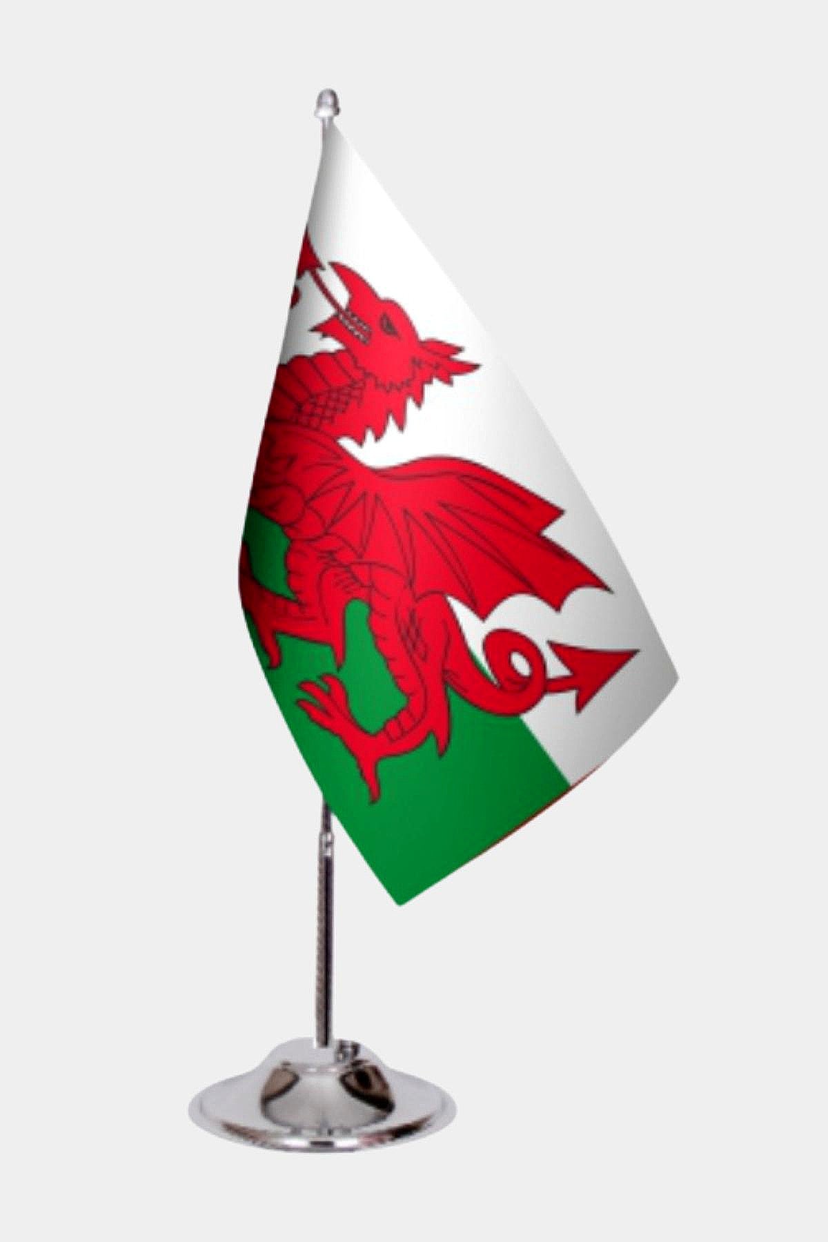 Wales Desk Flag - Premium Double-Layer Satin with Chrome L-Shaped Stand | Professional Quality Country Desk Flag for Government Offices and Institutions