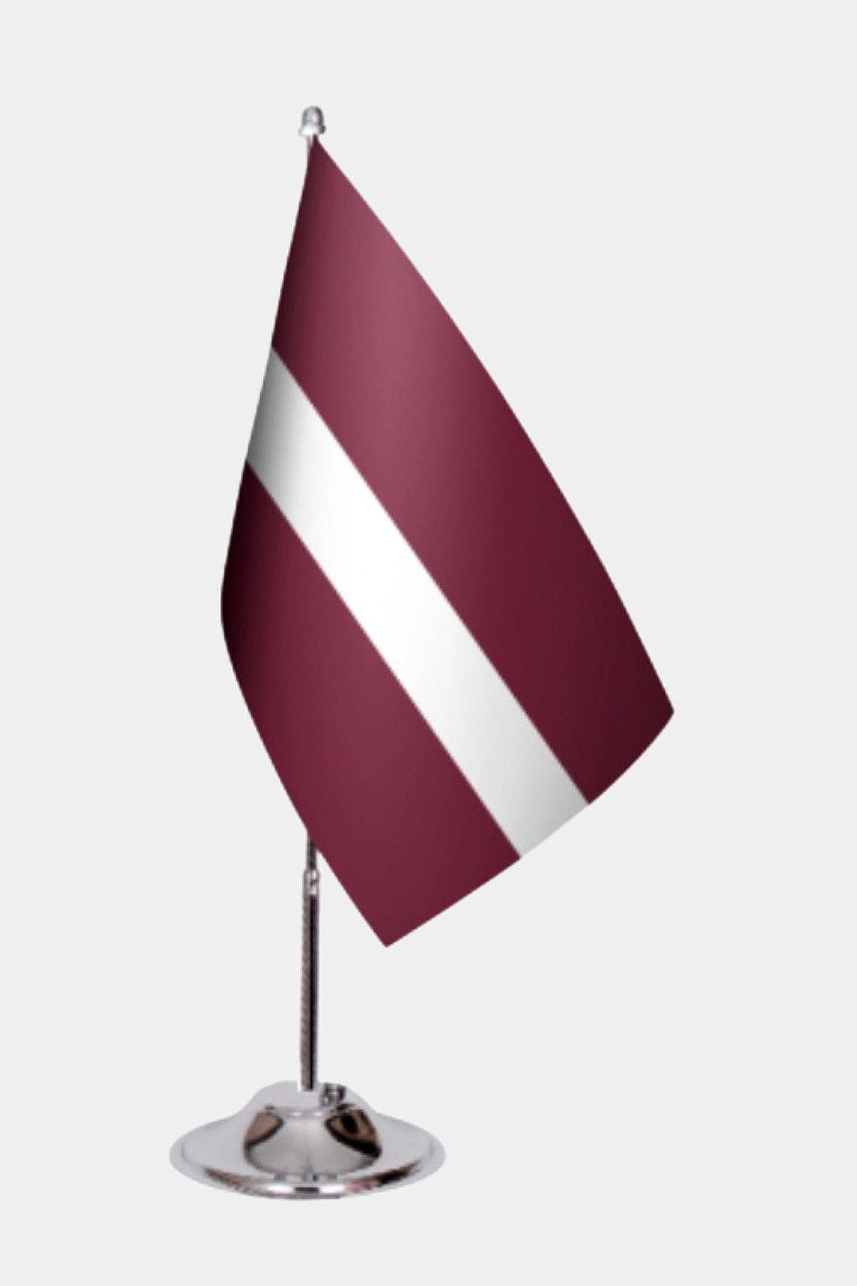 Latvia Desk Flag - Premium Double-Layer Satin with Chrome L-Shaped Stand | Professional Quality Country Desk Flag for Government Offices and Institutions