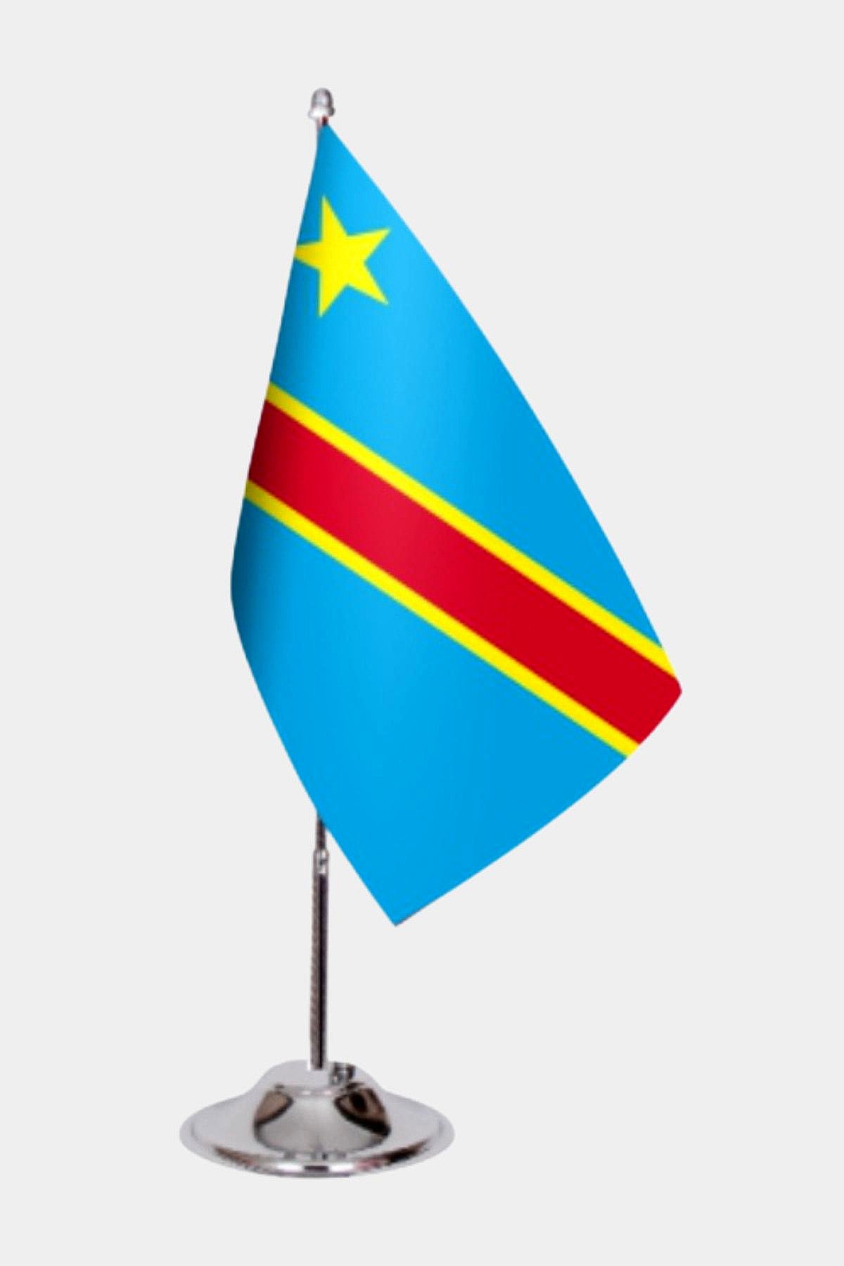 Democratic Republic of Congo Desk Flag - Premium Double-Layer Satin with Chrome L-Shaped Stand | Professional Quality Country Desk Flag for Government Offices and Institutions