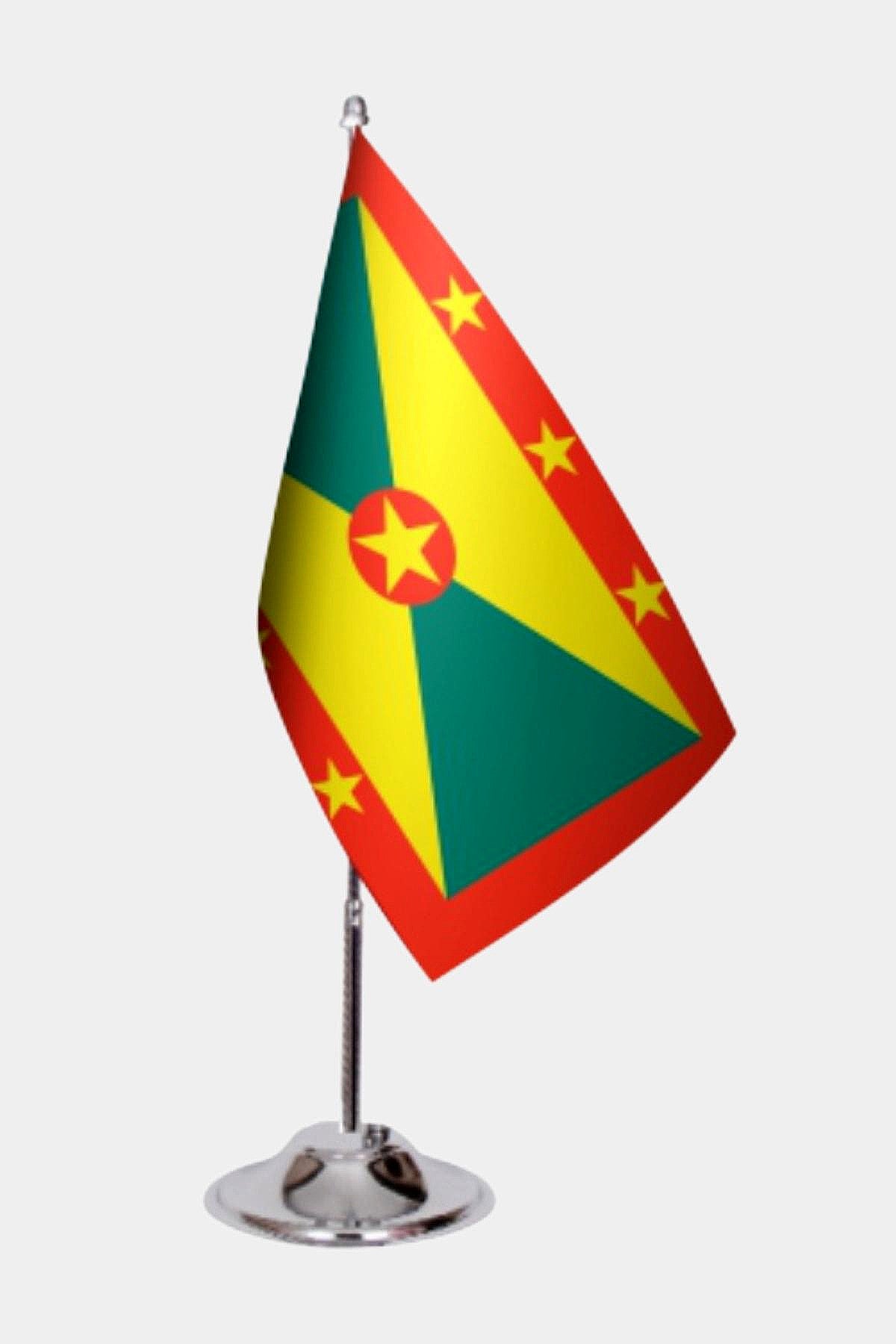 Grenada Desk Flag - Premium Double-Layer Satin with Chrome L-Shaped Stand | Professional Quality Country Desk Flag for Government Offices and Institutions