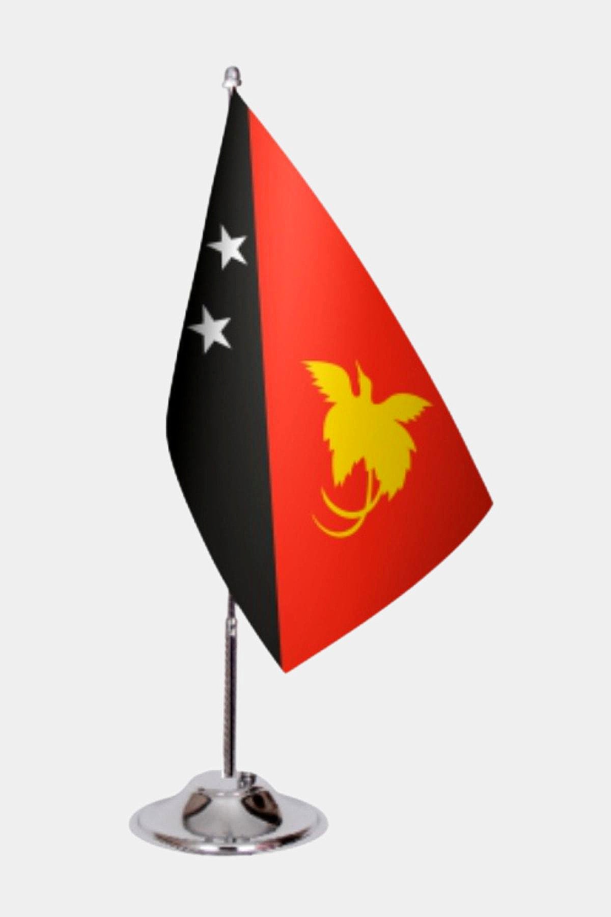 Papua New Guinea Desk Flag - Premium Double-Layer Satin with Chrome L-Shaped Stand | Professional Quality Country Desk Flag for Government Offices and Institutions