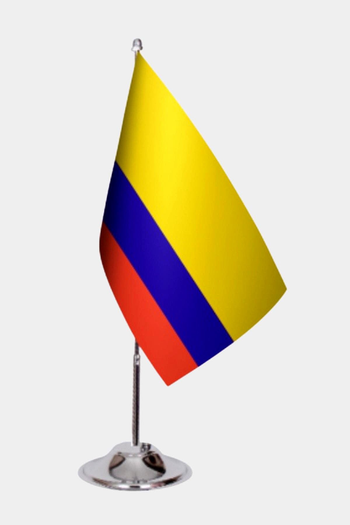 Colombia Desk Flag - Premium Double-Layer Satin with Chrome L-Shaped Stand | Professional Quality Country Desk Flag for Government Offices and Institutions