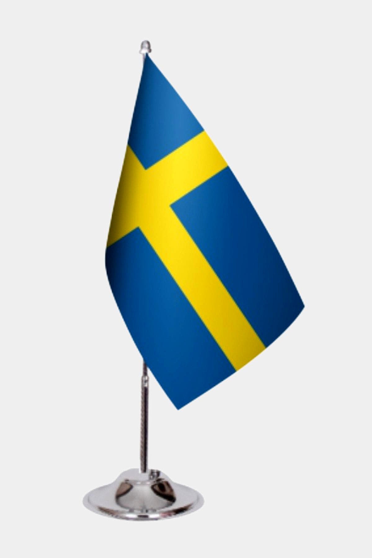 Sweden Desk Flag - Premium Double-Layer Satin with Chrome L-Shaped Stand | Professional Quality Country Desk Flag for Government Offices and Institutions