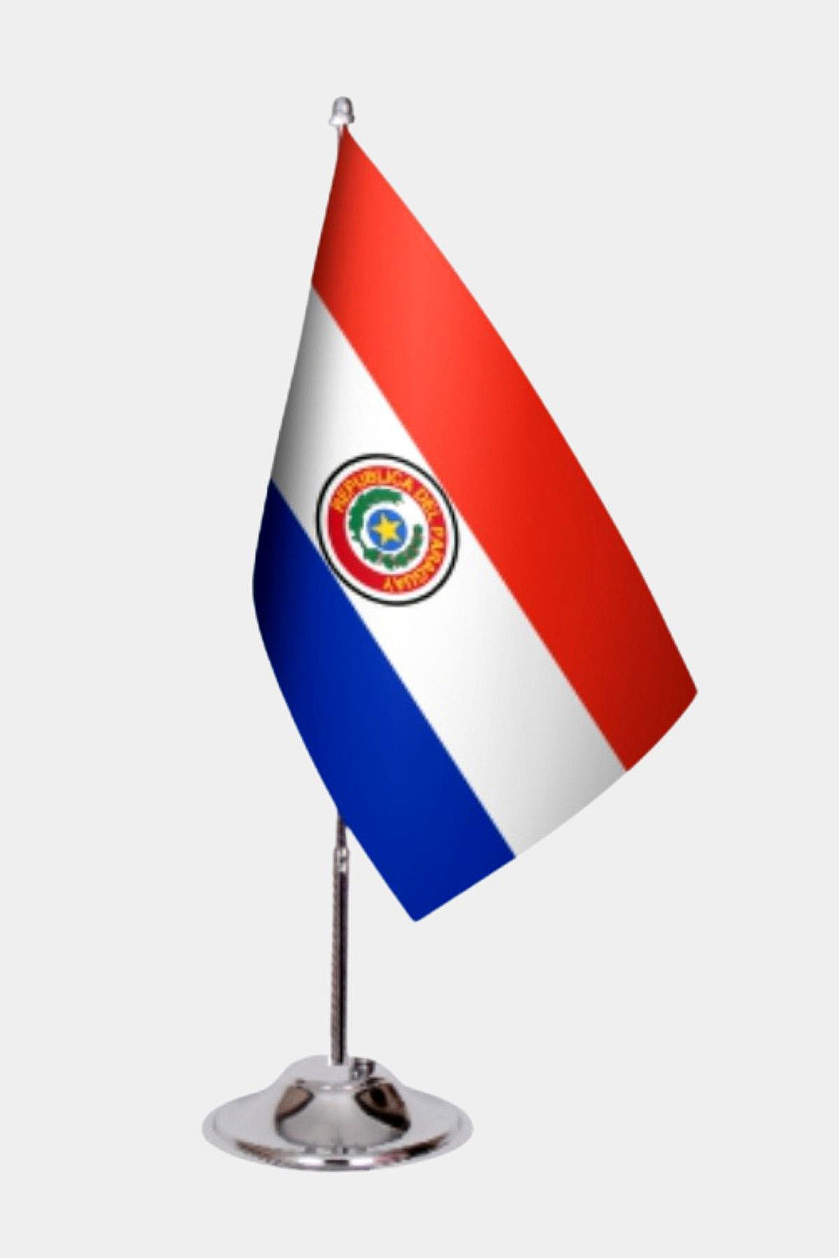 Paraguay Desk Flag - Premium Double-Layer Satin with Chrome L-Shaped Stand | Professional Quality Country Desk Flag for Government Offices and Institutions