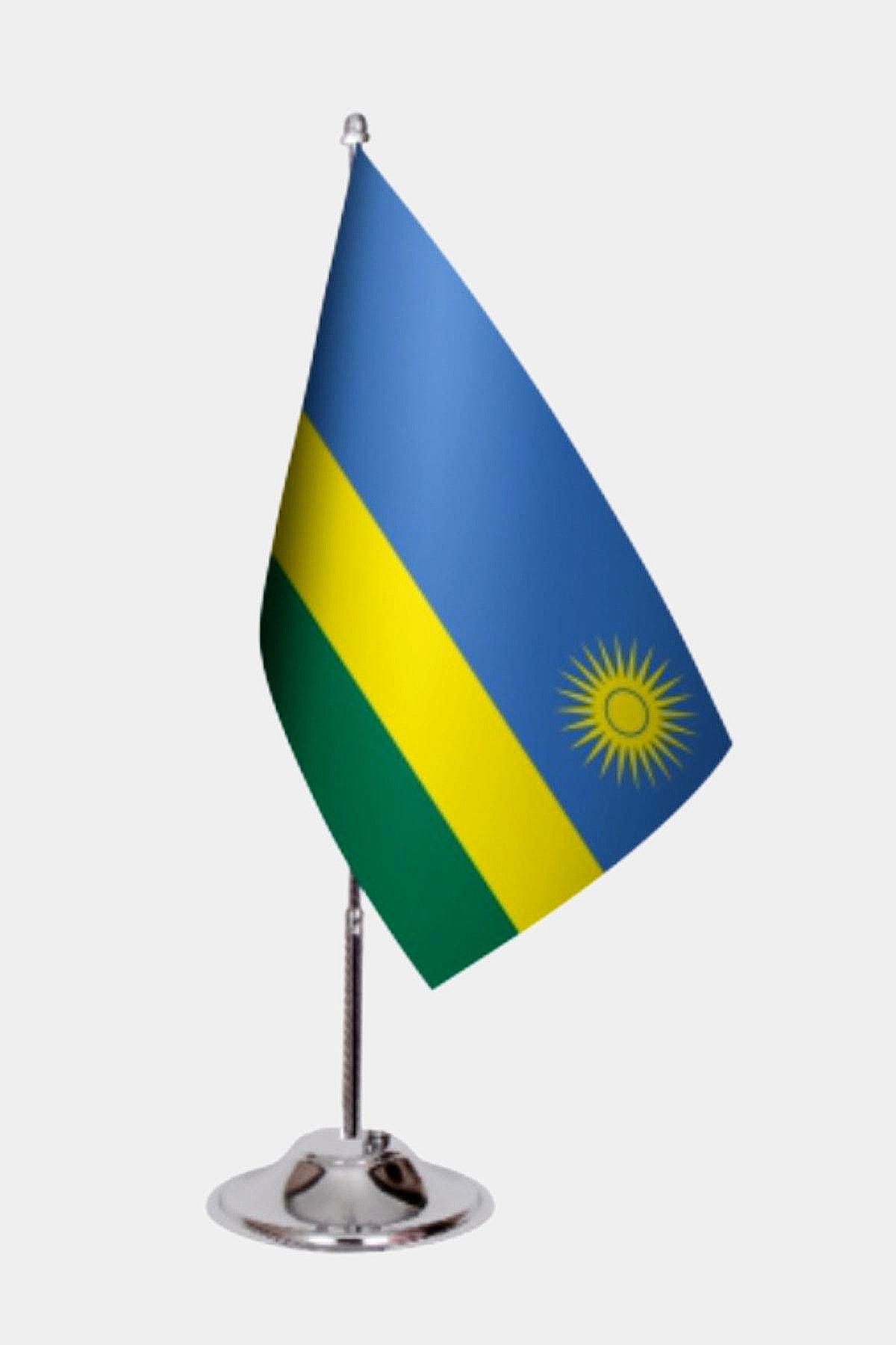 Rwanda Desk Flag - Premium Double-Layer Satin with Chrome L-Shaped Stand | Professional Quality Country Desk Flag for Government Offices and Institutions