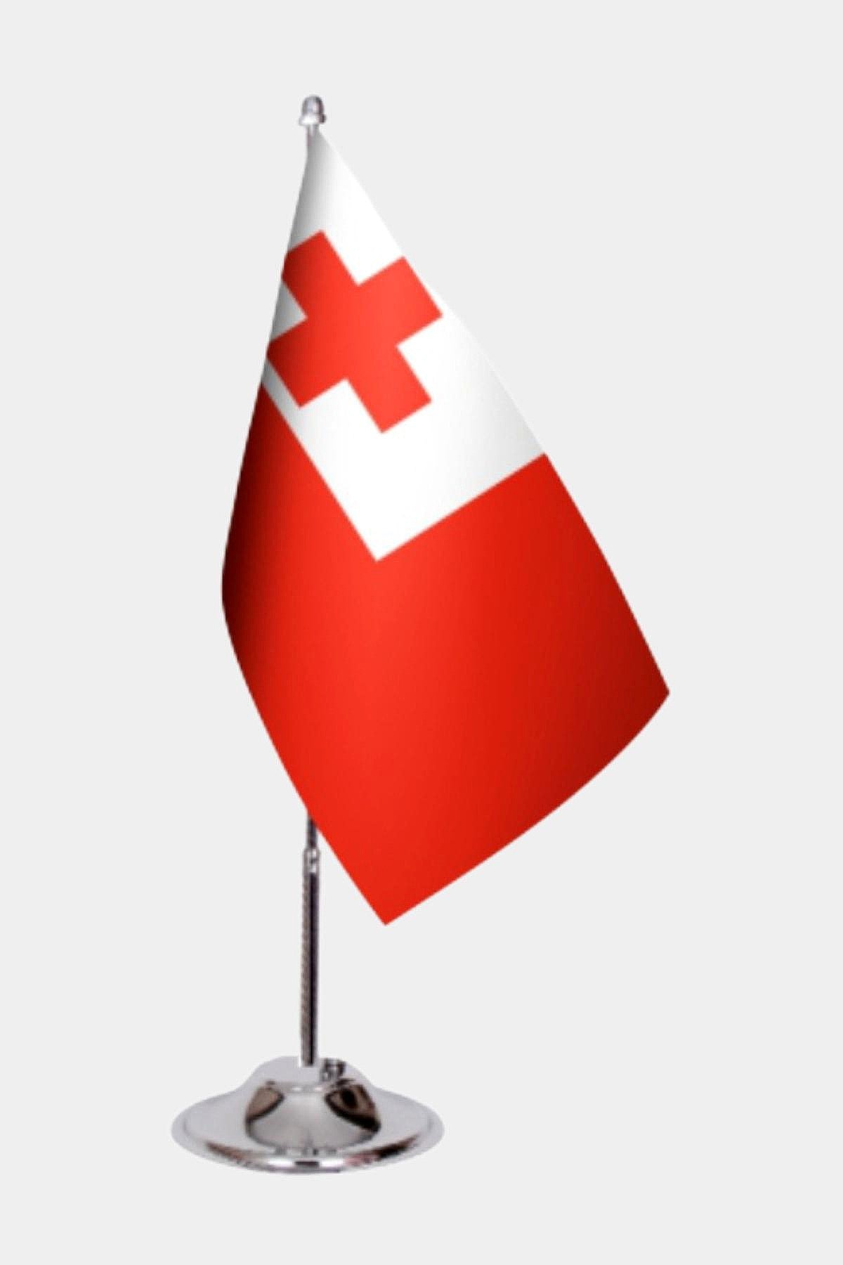 Tonga Desk Flag - Premium Double-Layer Satin with Chrome L-Shaped Stand | Professional Quality Country Desk Flag for Government Offices and Institutions