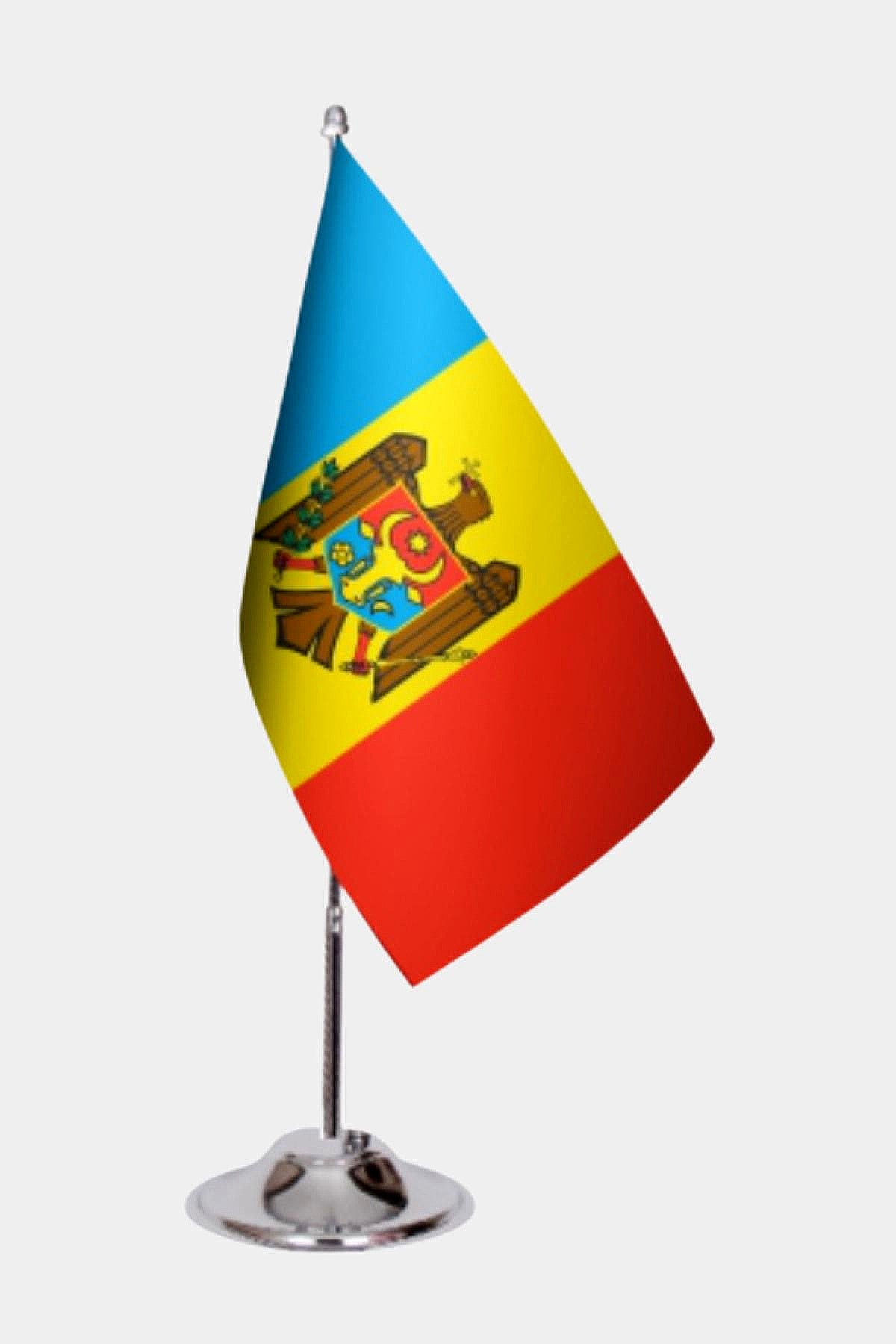Moldova Desk Flag - Premium Double-Layer Satin with Chrome L-Shaped Stand | Professional Quality Country Desk Flag for Government Offices and Institutions