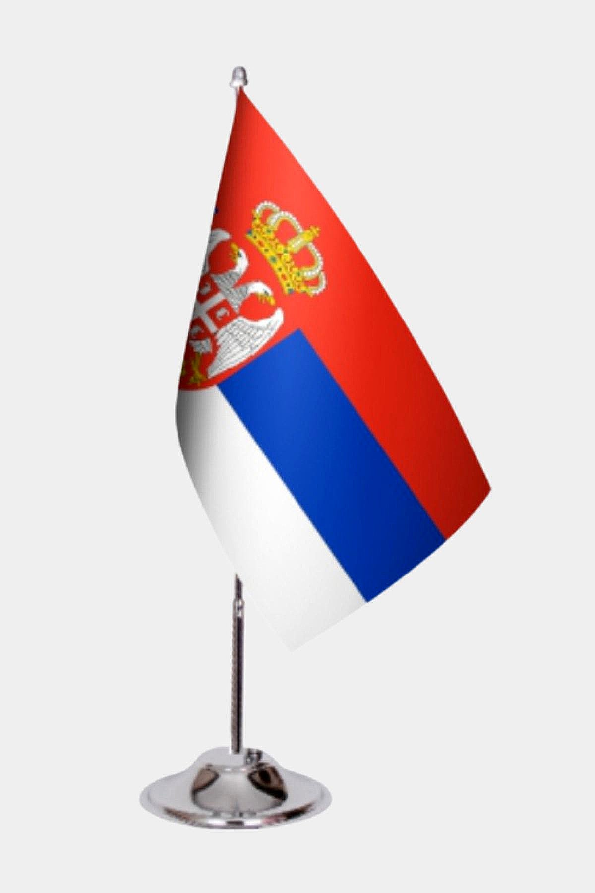 Serbia Desk Flag - Premium Double-Layer Satin with Chrome L-Shaped Stand | Professional Quality Country Desk Flag for Government Offices and Institutions