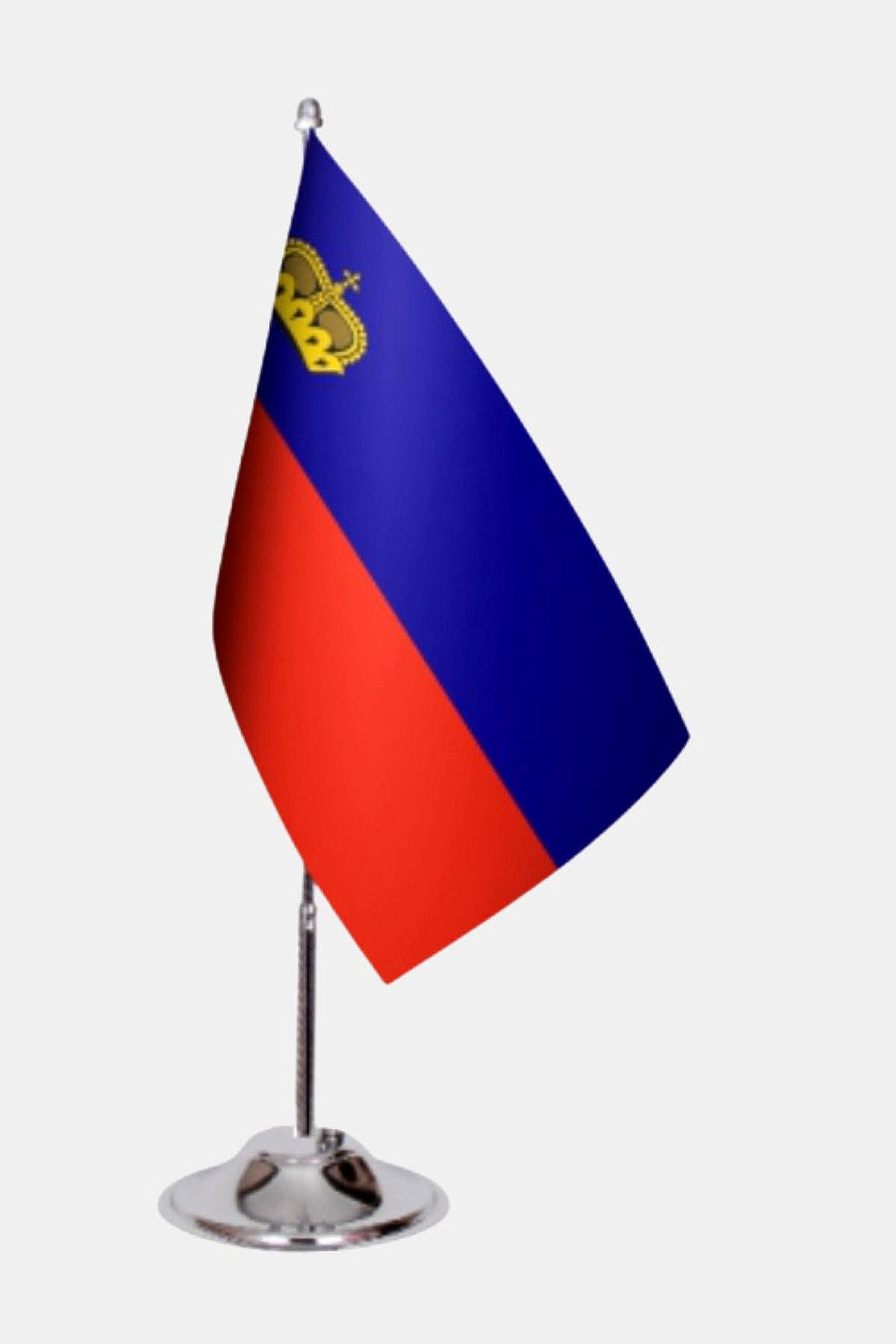 Liechtenstein Desk Flag - Premium Double-Layer Satin with Chrome L-Shaped Stand | Professional Quality Country Desk Flag for Government Offices and Institutions