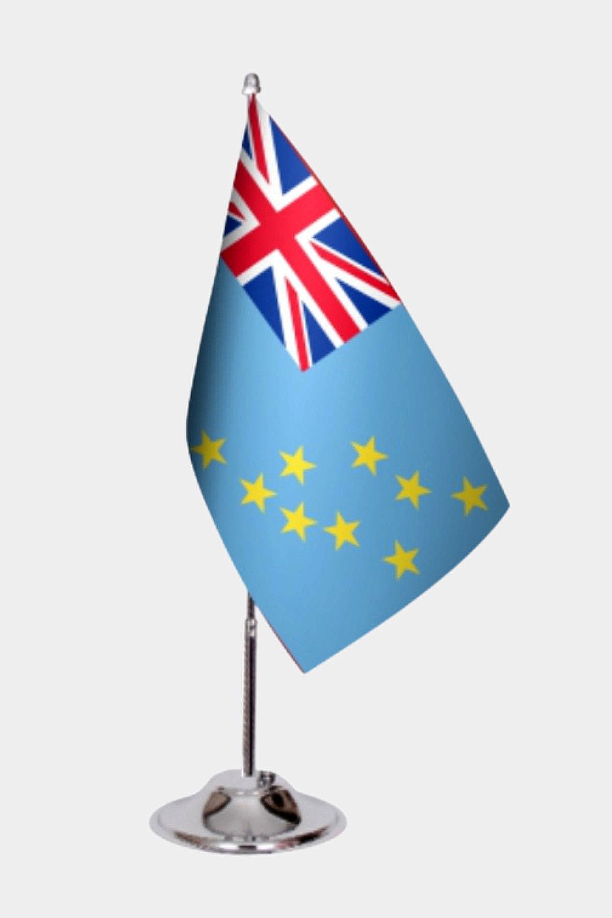 Tuvalu Desk Flag - Premium Double-Layer Satin with Chrome L-Shaped Stand | Professional Quality Country Desk Flag for Government Offices and Institutions