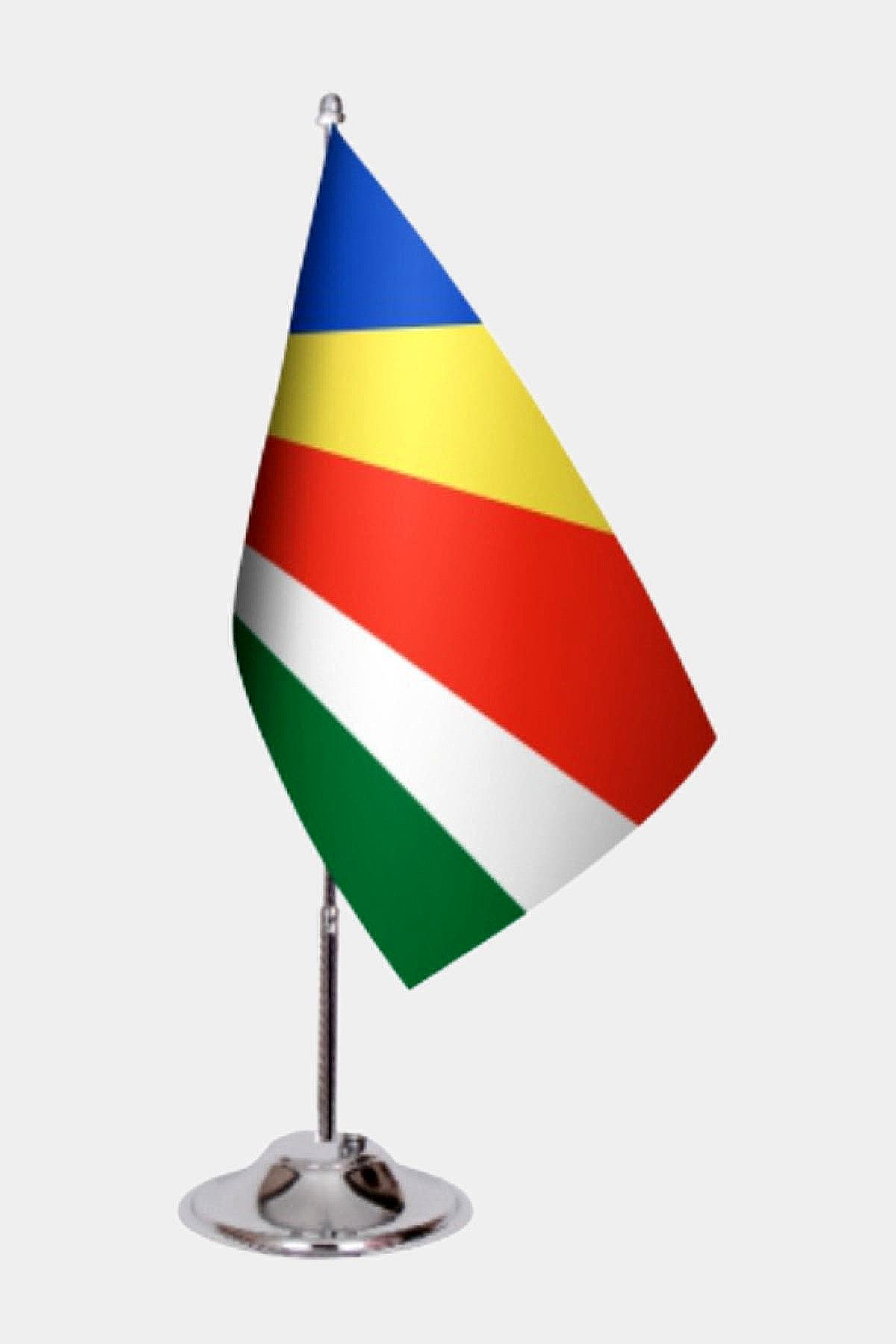 Seychelles Desk Flag - Premium Double-Layer Satin with Chrome L-Shaped Stand | Professional Quality Country Desk Flag for Government Offices and Institutions