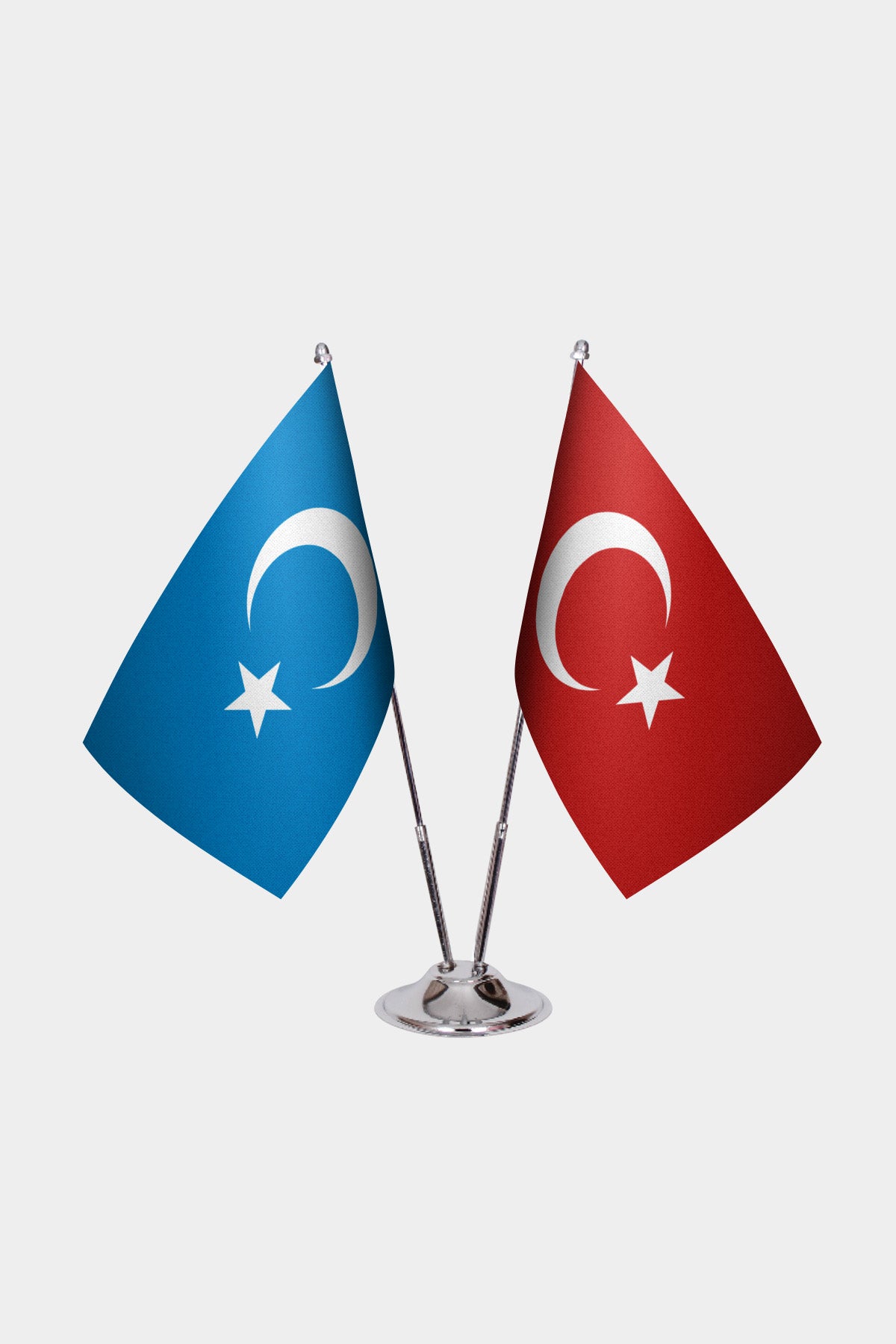 East Turkestan and Türkiye dual desk flag set with chrome silver pedestal, satin office table flag