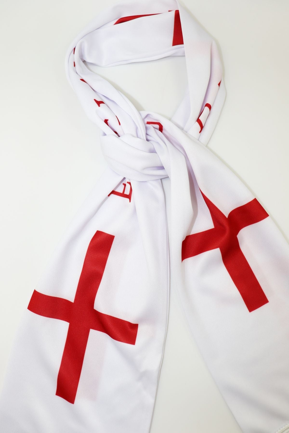England Flag Satin Soccer Scarf close-up of the satin-look fabric, print and white fringe