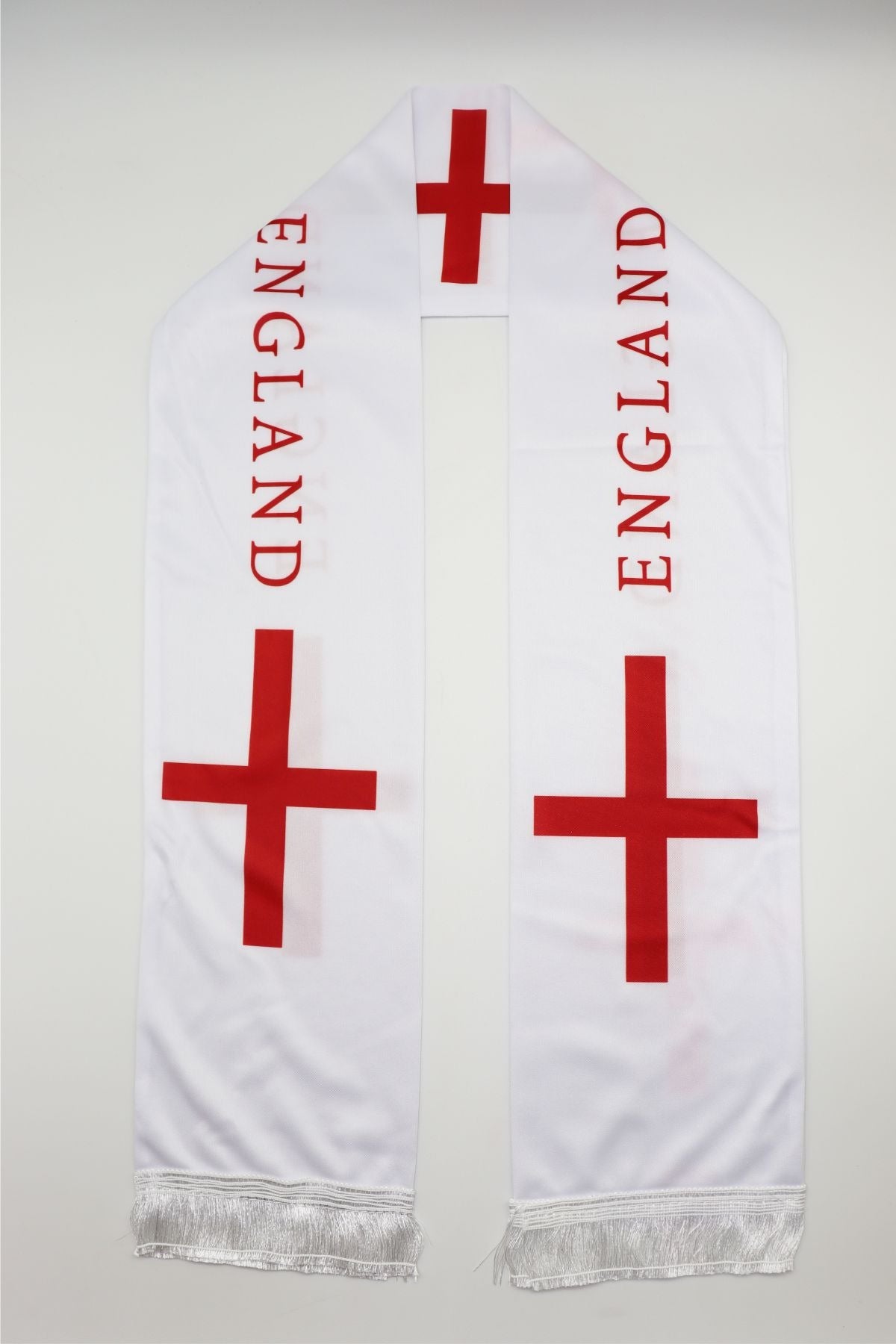 England Flag Satin Soccer Scarf laid flat, full length with ENGLAND lettering and white fringes