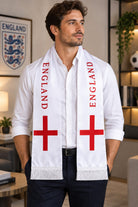 England Flag Satin Soccer Scarf worn around the neck by a man in a white shirt