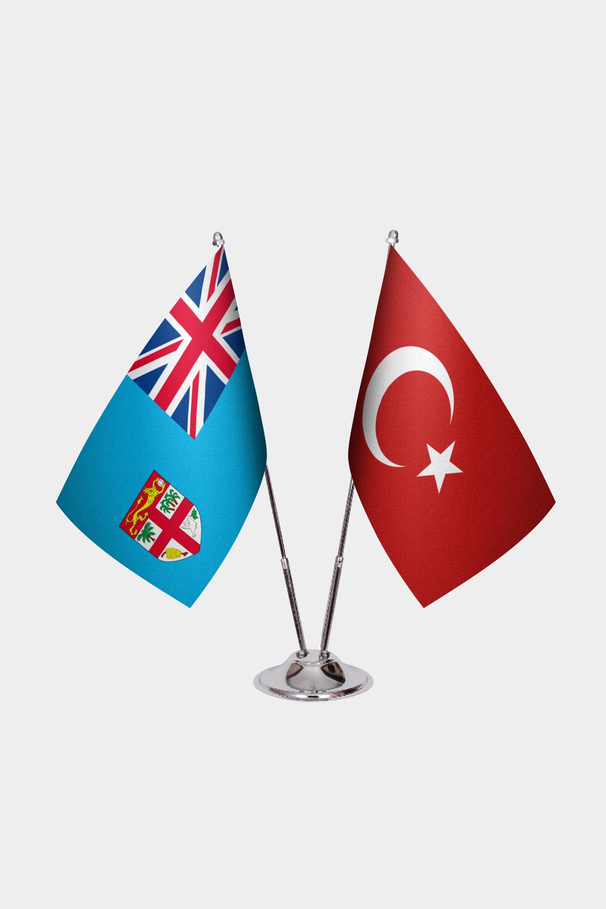 Fiji and Turkey desk flag set with chrome pole and base