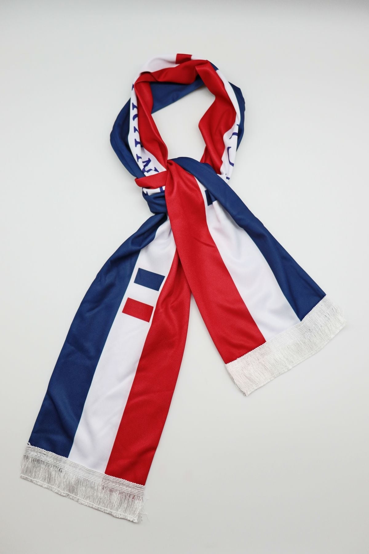 France Flag Satin Soccer Scarf looped and tied, showing the print on both sides