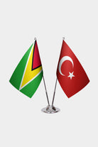 Guyana and Turkey desk flag set with chrome pole and base
