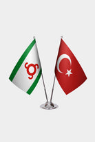 Ingushetia and Türkiye dual desk flag set with chrome silver pedestal, satin office table flag