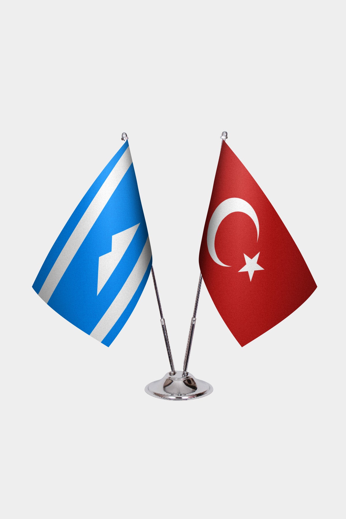 Karachay-Balkar and Türkiye dual desk flag set with chrome silver pedestal, satin office table flag