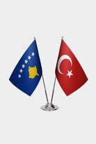 Kosovo and Turkey desk flag set with chrome pole and base