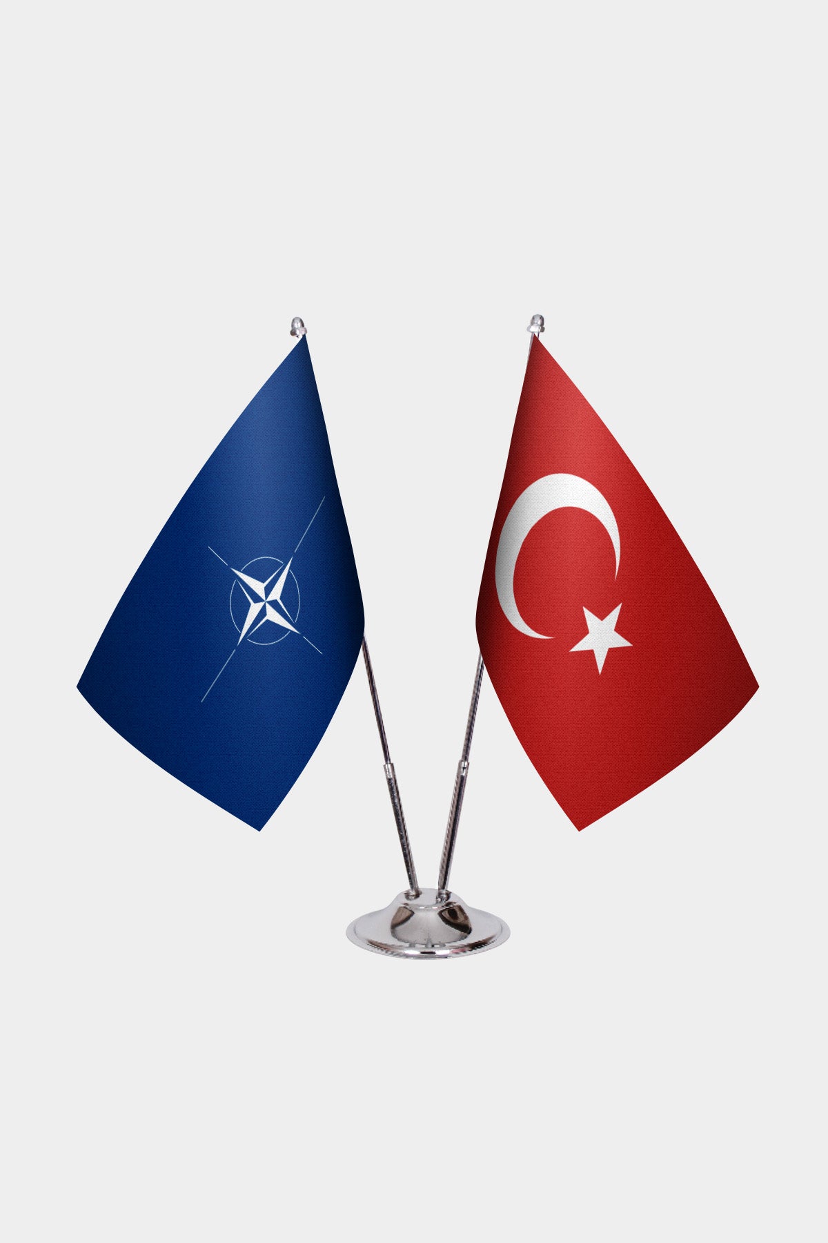 NATO and Türkiye dual desk flag set with chrome silver pedestal, satin office table flag