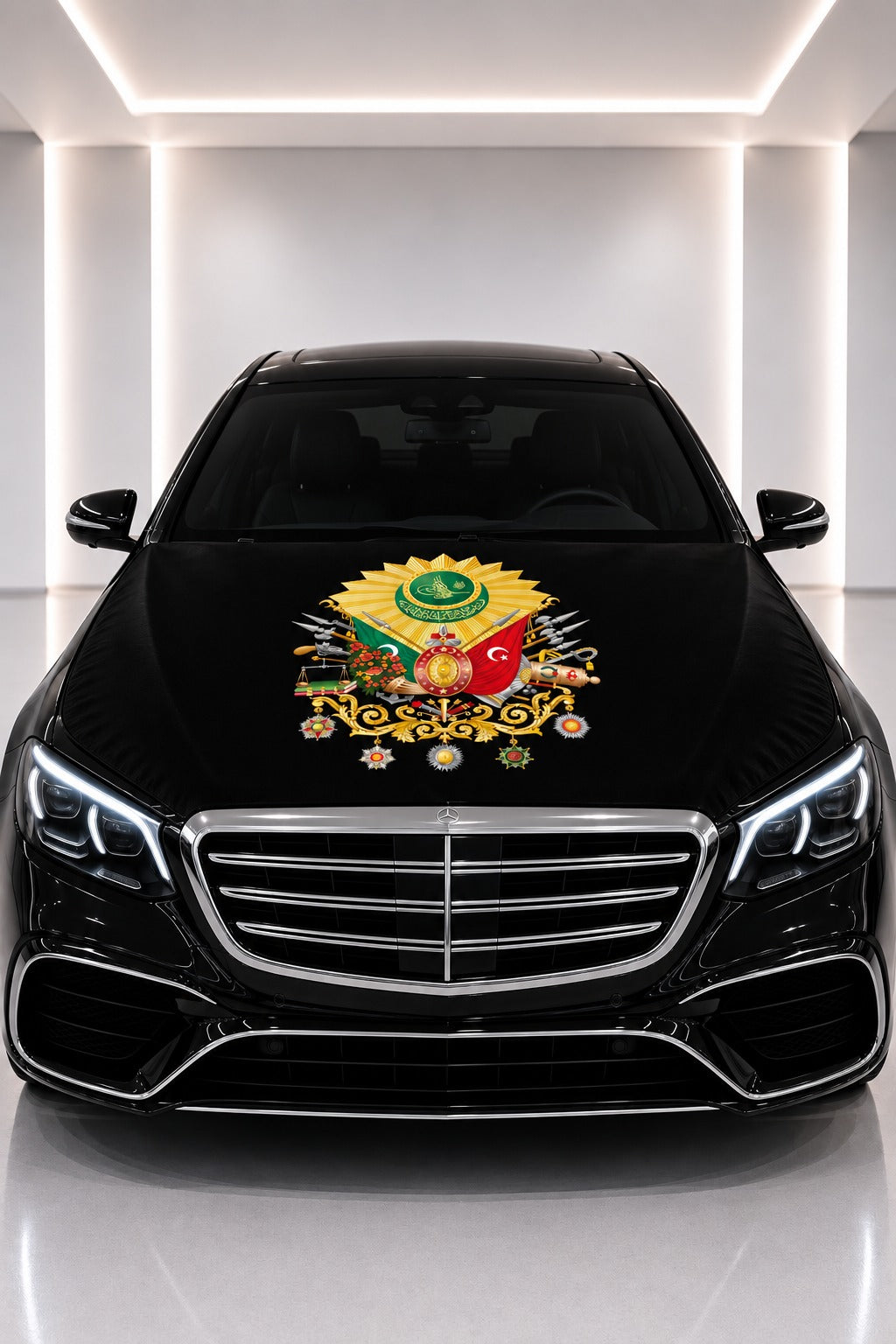 Ottoman Coat of Arms Car Hood Cover — printed hood cover fitted on a black car