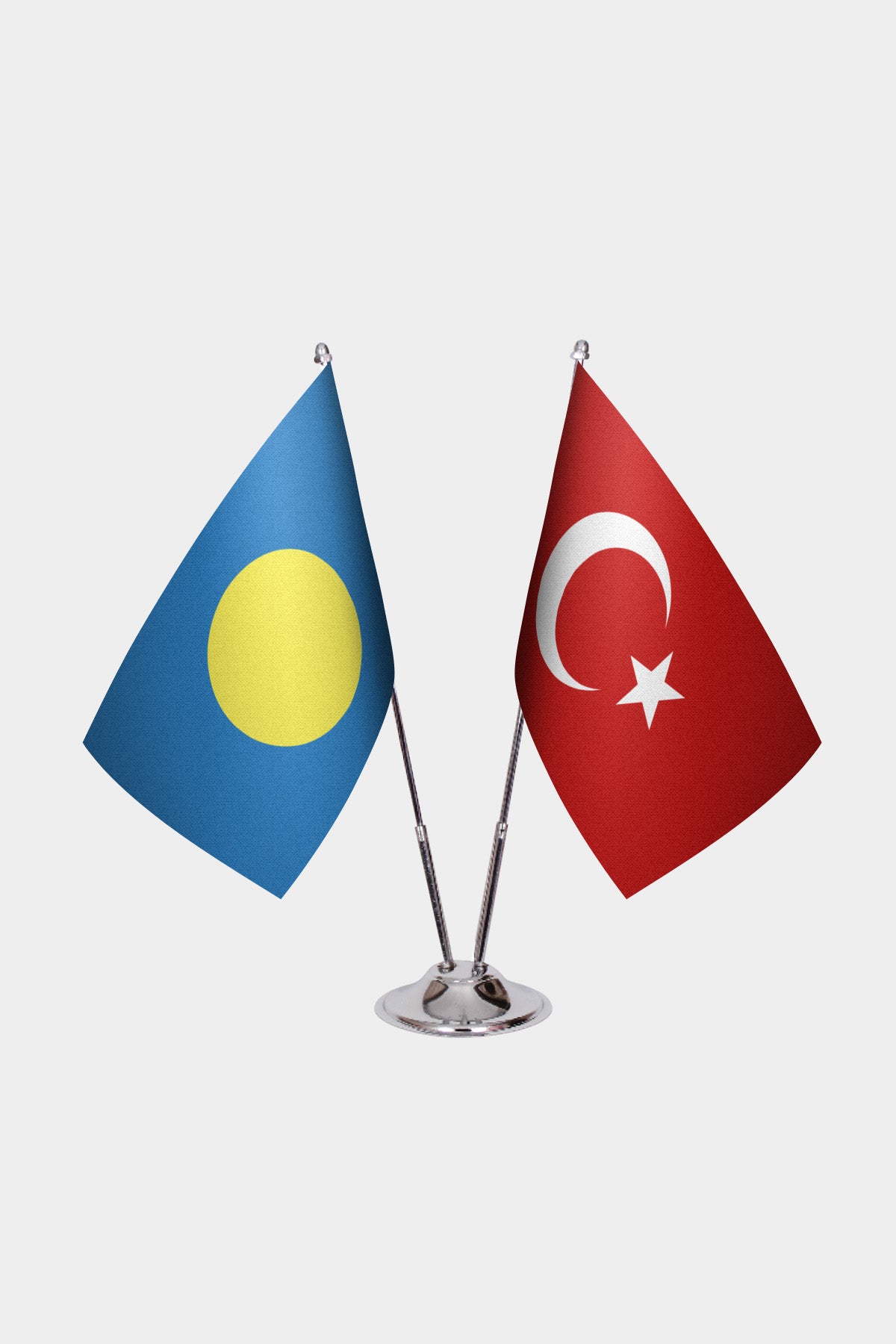 Palau and Turkey desk flag set with chrome pole and base