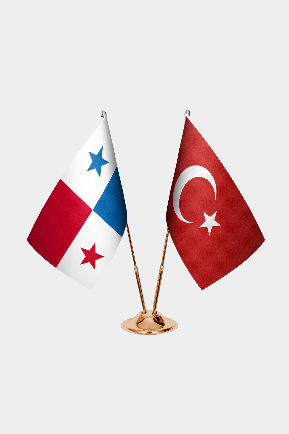 Panama and Turkey desk flag set with gold pole and base