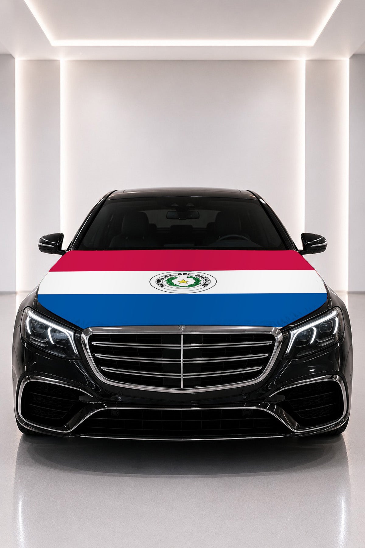 Paraguay flag car hood cover fitted on a black car bonnet