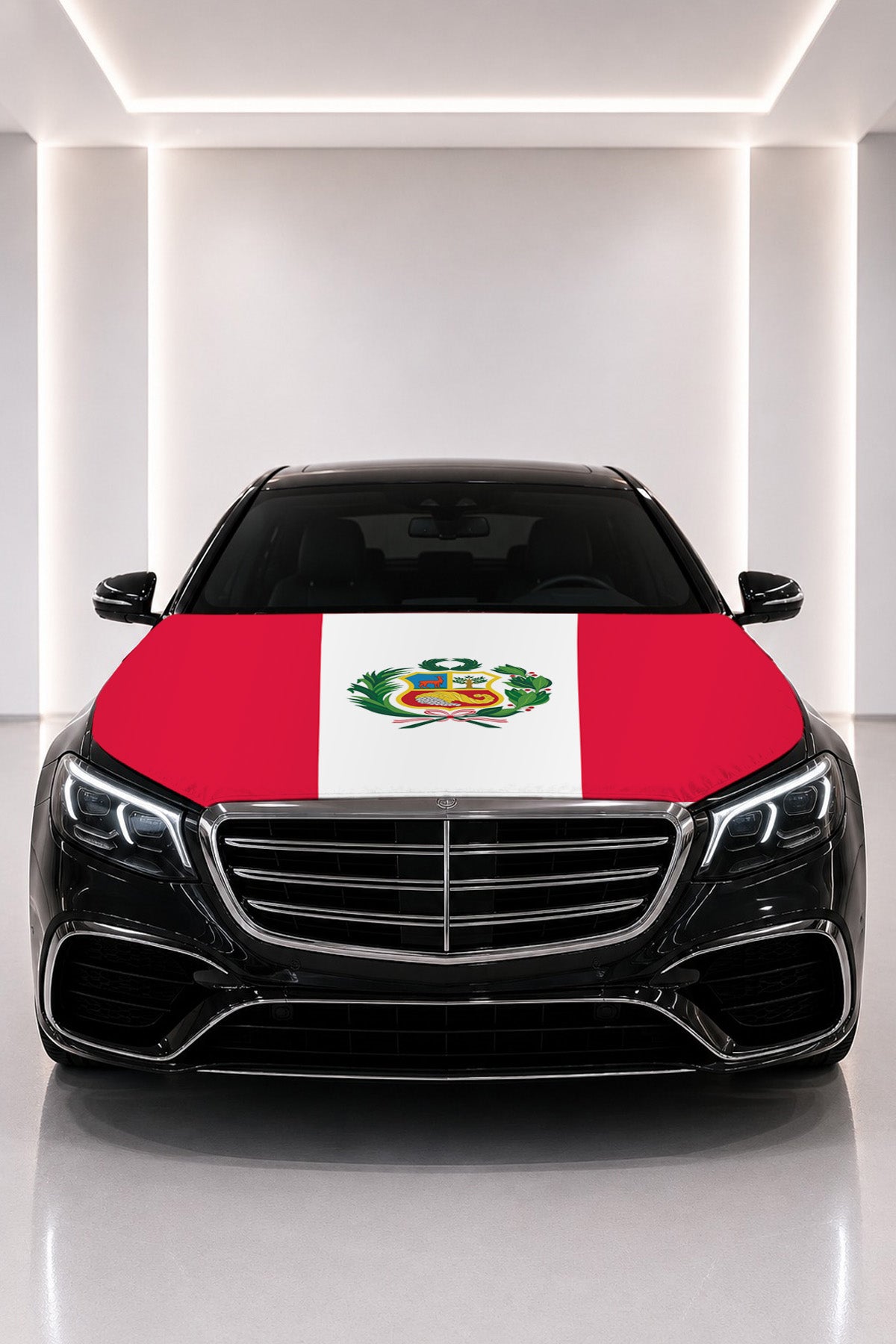 Peru flag car hood cover fitted on a black car bonnet