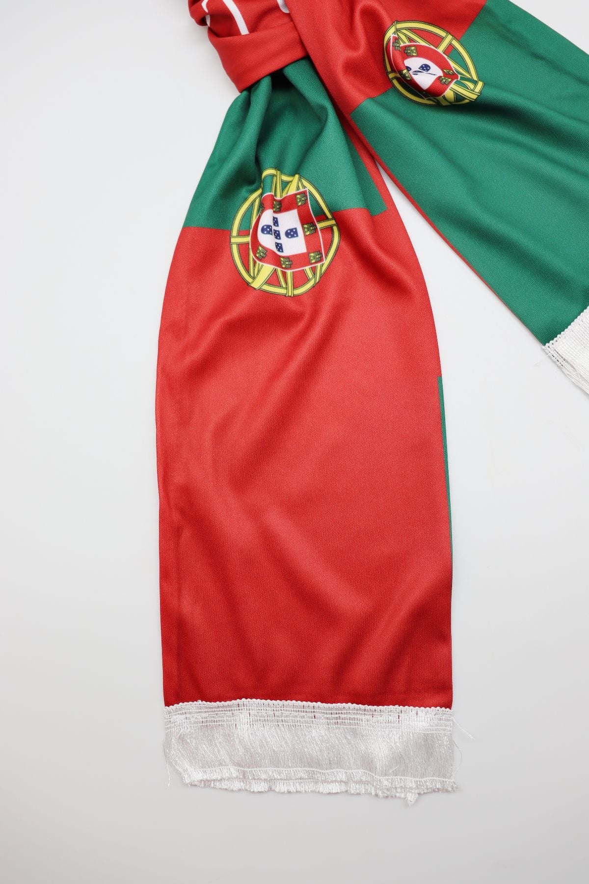 Portugal Flag Satin Soccer Scarf close-up of the satin-look fabric, print and white fringe