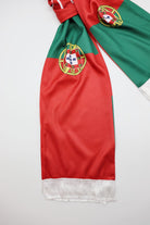 Portugal Flag Satin Soccer Scarf close-up of the satin-look fabric, print and white fringe