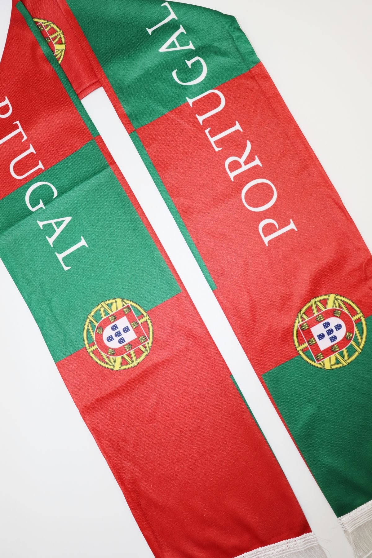 Portugal Flag Satin Soccer Scarf detail of the PORTUGAL lettering and flag print
