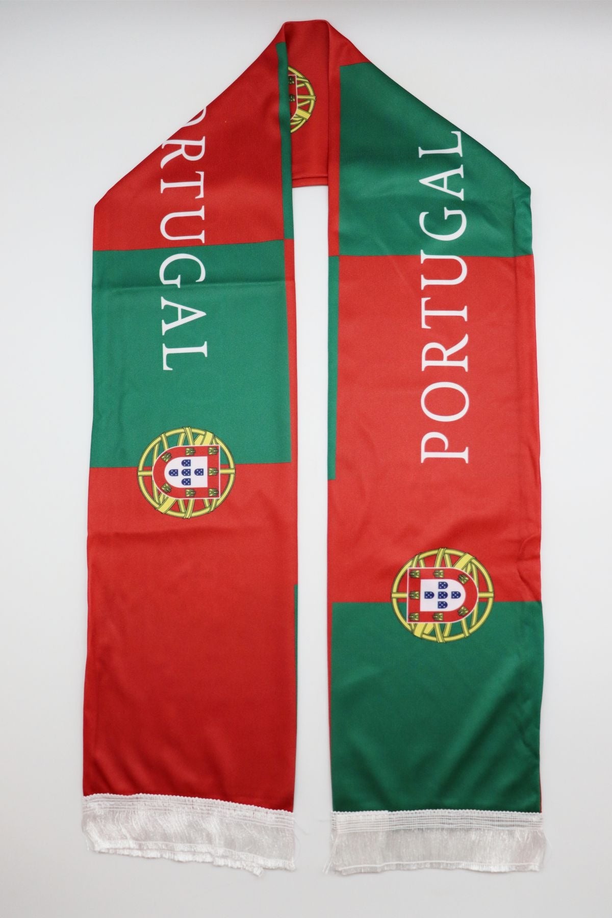 Portugal Flag Satin Soccer Scarf laid flat, full length with PORTUGAL lettering and white fringes