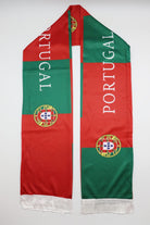 Portugal Flag Satin Soccer Scarf laid flat, full length with PORTUGAL lettering and white fringes