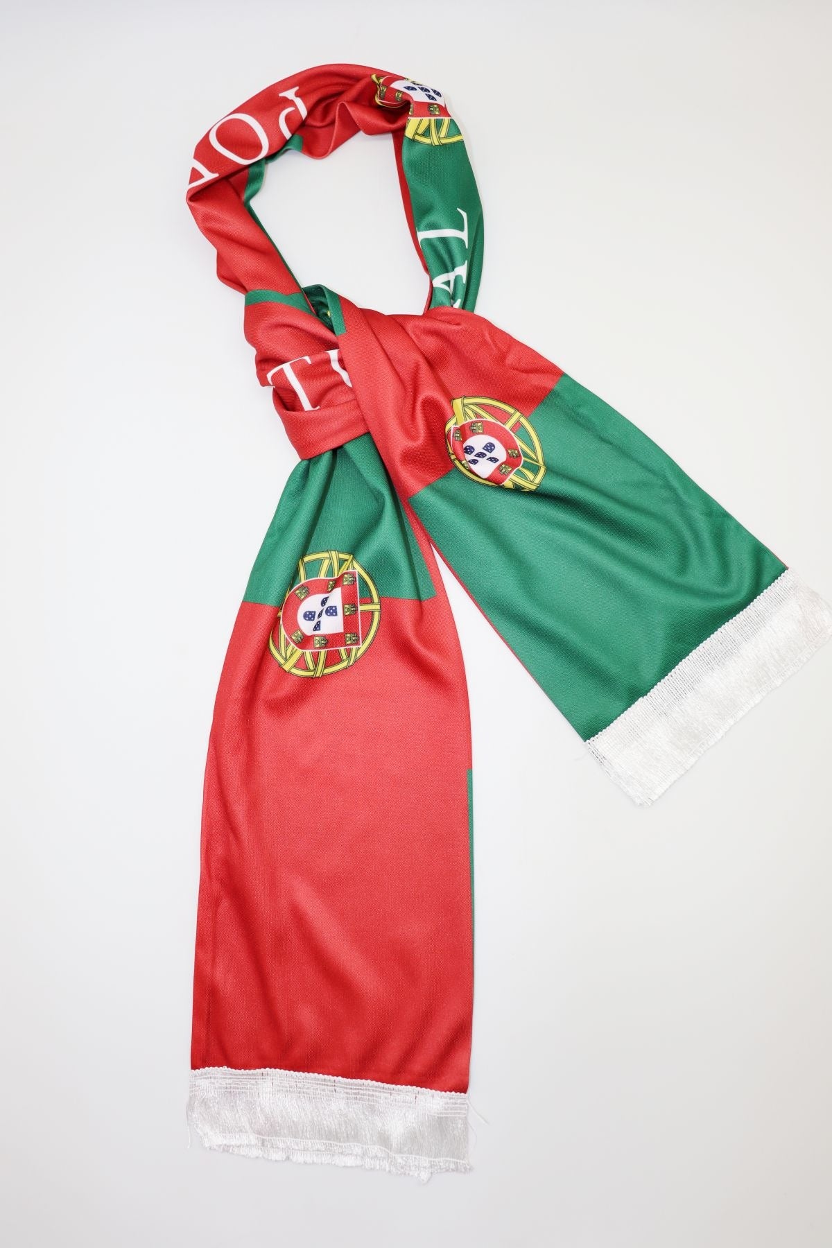 Portugal Flag Satin Soccer Scarf looped and tied, showing the print on both sides