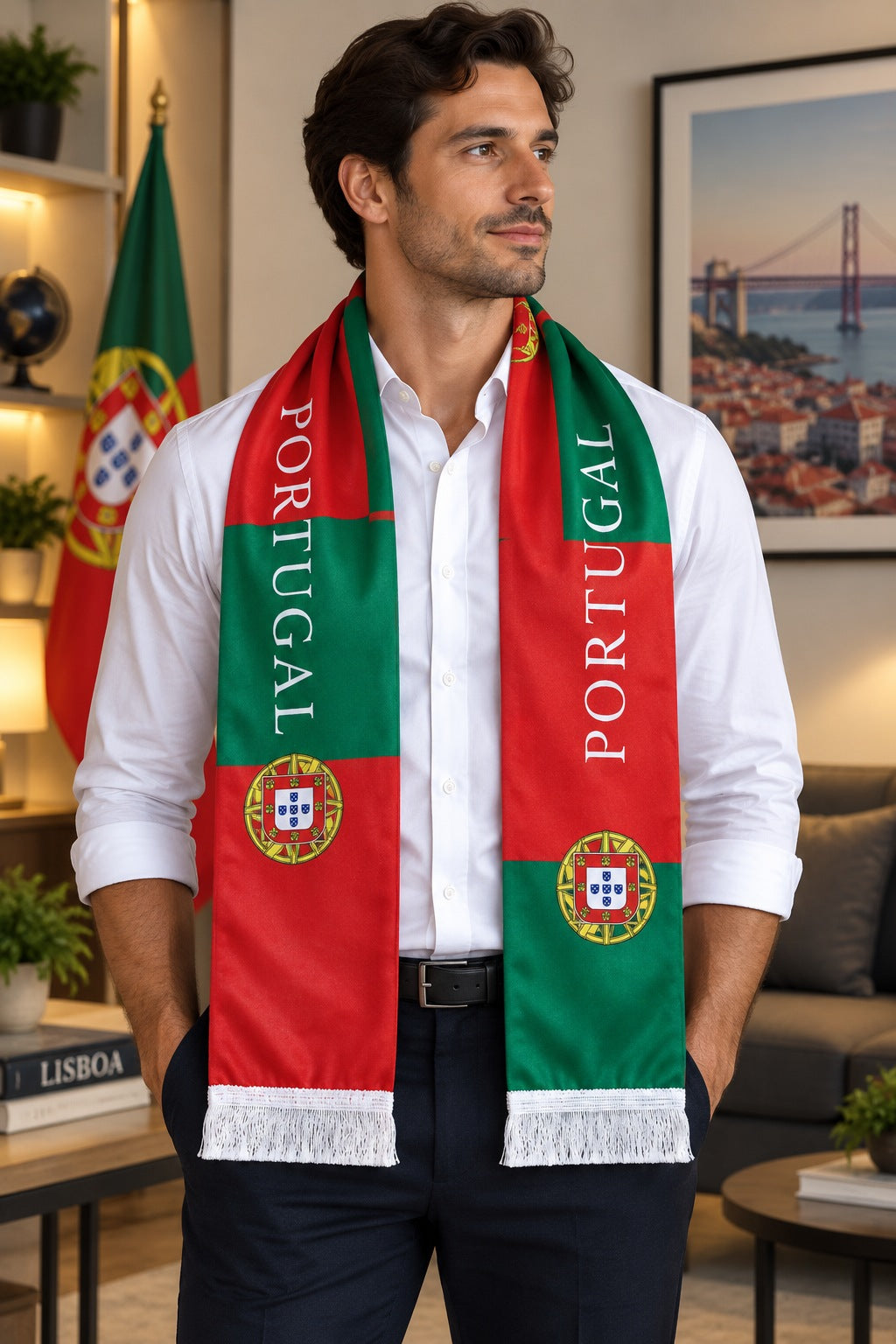 Portugal Flag Satin Soccer Scarf worn around the neck by a man in a white shirt