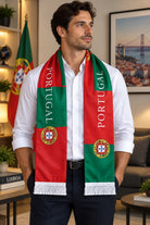 Portugal Flag Satin Soccer Scarf worn around the neck by a man in a white shirt