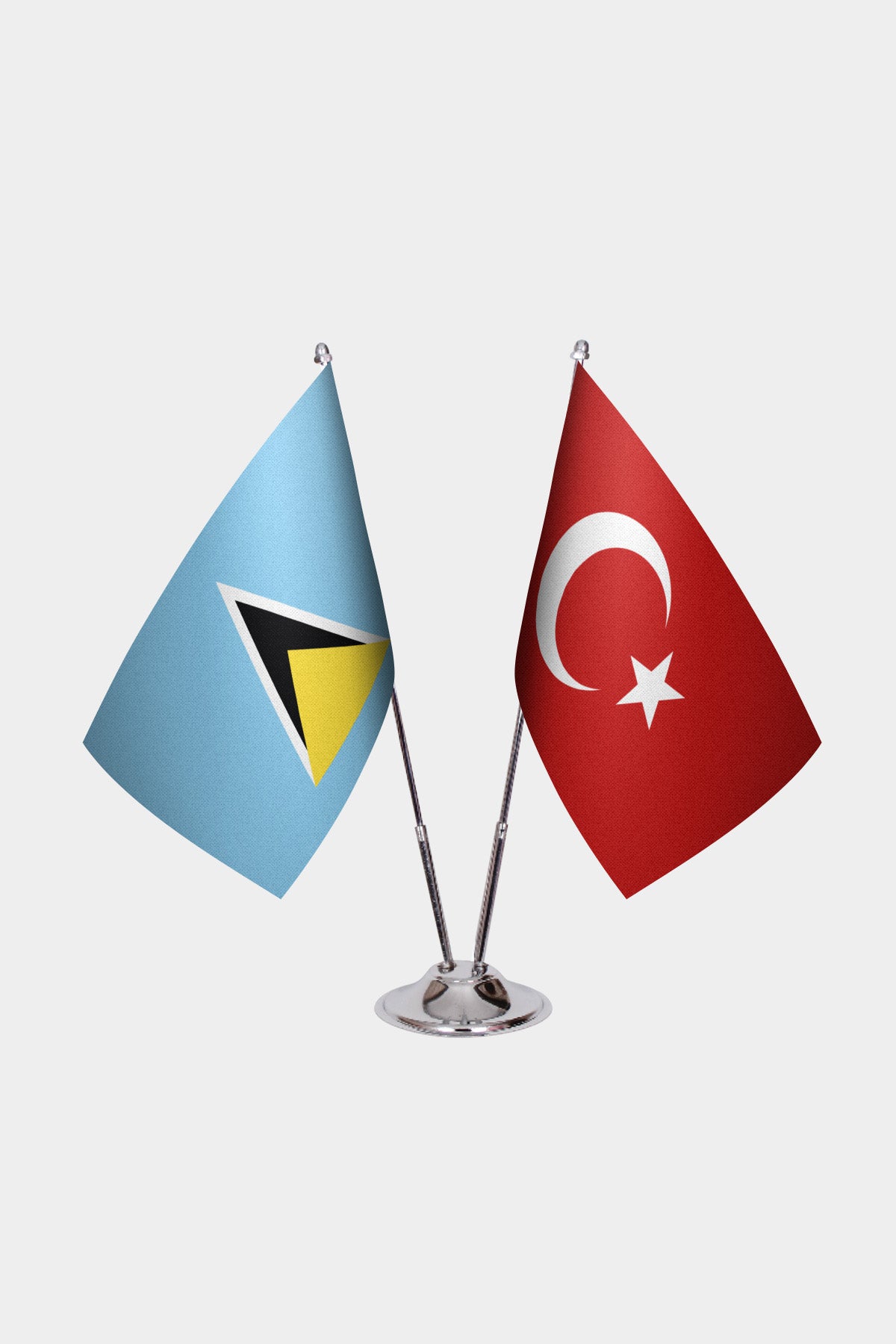 St. Lucia and Turkey desk flag set with chrome pole and base
