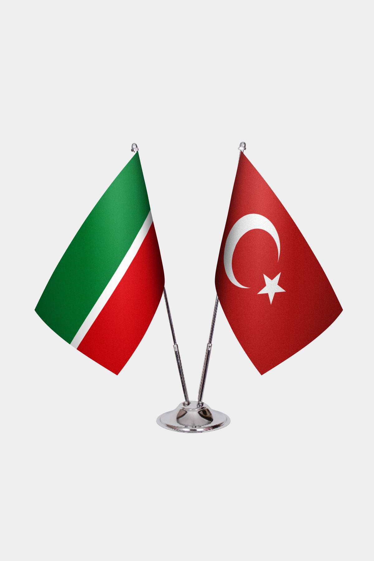 Tatarstan and Türkiye dual desk flag set with chrome silver pedestal, satin office table flag